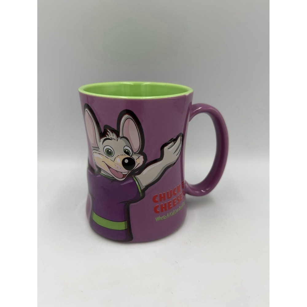CHUCK‎ E CHEESE Purple & Green 3D Embossed Coffee Mug 4"x3" 10 oz.